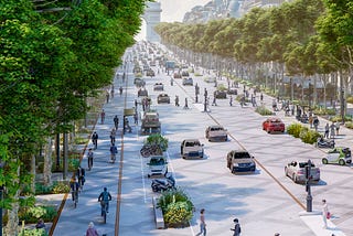 A beautiful suggestion showing how Paris’ Champs Élysées could look in the future — with pedestrians, cyclists, and a full avenue of trees