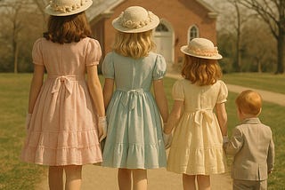 Four children, seen from behind, walk hand-in-hand toward a church on Easter Sunday. The three girls — brunette, blonde, and redhead — wear pastel 1950s dresses with white gloves and flowered hats. The youngest, a redheaded boy around two years old, wears a small suit. All are dressed in vintage Easter attire, evoking a nostalgic mid-century scene.