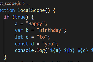 Screenshot of some JavaScript code with all four declaration types: const, let, var and undeclarated