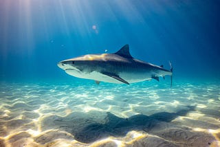 A shark adrift in the ocean, an expression of disbelief on its face. It seems to be saying “Oh fuck!”