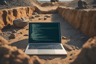 Laptop with code in an excavation site