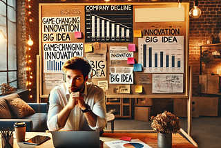 Entrepreneur looking dejected with a wall of charts showing negative trends and innovation behind them