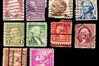 A series of 10 colorful, canceled U.S. stamps of various presidents (including Eisenhower, Jefferson, FDR, Washington, and Lincoln), along with Benjamin Franklin.