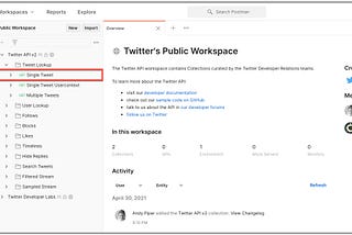 An example of how you can name your API requests. The screenshot shows Twitter’s public workspace in Postman.
