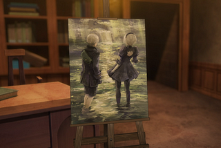 A close-up of an easel, showing an in-progress painting of 2B and 9S standing in shallow waters off the coast of the Flooded City.