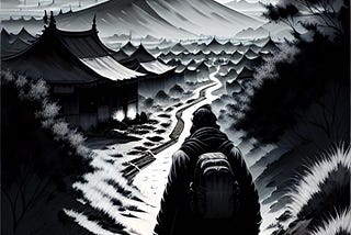 A black-and-white ink illustration of a Tang Dynasty individual on a country road with a huge full moon hanging overhead. Created by Frank Moone using Dream.AI.