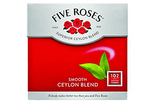 Five Roses Tea Bags 102’s Five Roses has been masterfully blended to produce the distinctively rich, smooth, luxurious taste that tea-lovers have come to love and trust! Five Roses has the widest range of tea products, offering black teabags, black loose leaf, rooibos and specialty teas and the range continues to grow. … The newly-launched Infusions range takes avid tea appreciators on a flavourful tea journey with its taste-bud-stimulating flavours.