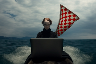 a young woman on a laptop. she’s in a stormy setting with water breaking around her & a checkered flag in her background.