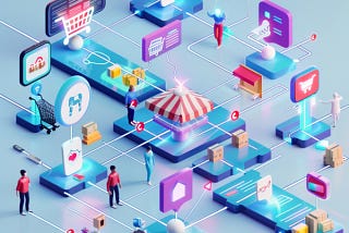 A visually-engaging 3D illustration of an e-commerce customer’s journey from discovery to loyalty with CRM touchpoints highlighted along the way, showcasing the personalized approach that e-Commerce CRM solutions enable to enhance customer retention and customer loyalty.