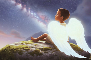 Illustration of a little boy with angel wings looking up at the sky