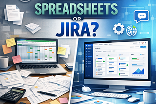 Image of computer screen of spreadsheet on left, and JIRA on Computer screen on right