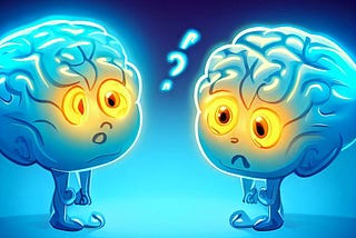Cartoon of two brain people talking. One is asking a question, the other is sad.