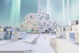 AI-generated perspective image of a sculpture, comprised of white blocks in random orientations, set against a pastel green background.