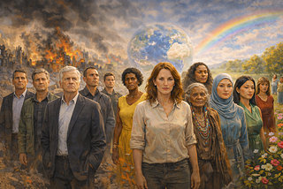 An image showing men stepping back because they have taken the world to brink of distinction, and women rising up now to lead.