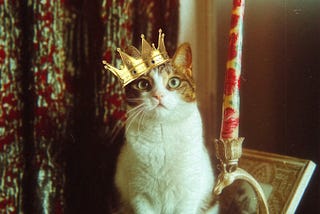 A Siamese cat wearing a golden crown, sitting beside a tall, ornate candle. The cat gazes forward, with wide, expressive eyes, fully aware of its royal status. The vintage aesthetic background adds to the cat’s regal presence.