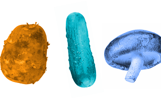 a potato, pickle, and mushroom recolored with orange, teal, and blue tones respectively, on a white background