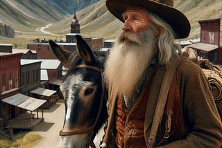 An old prospector with a long gray beard and his mule approach an old mountainous mining town.