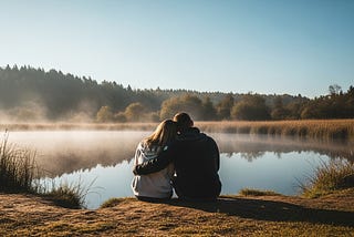 A couple sits by a tranquil lake, wrapped in each other’s arms, facing the misty water and forested horizon.