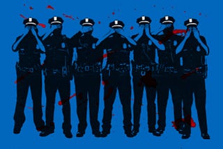 Seven police officers with a blue background. They are covering their eyes. There are red splatters behind them