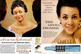 (Left) Image of a vintage advert for Nadinola Bleaching Cream, (Right) Artra skin tone cream advert in Ebony magazine 1963.