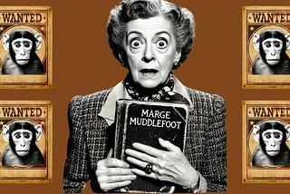 An image of a mature lady clutching her notebook with a wanted poster for four monkeys