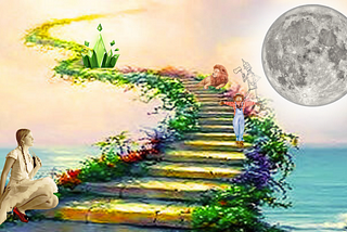 dorothy sits at the base of a yellow brick staircase lined with flowers. Scarecrow, tin man, and lion sit on steps midway at the climb. the next curve holds an emerald crown and the staircase merges with the heavens. The moon on the right shines over the ocean and staircase