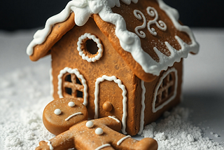 A sad gingerbread man lying next to a plainly decorated gingerbread house.