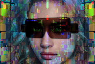 A female avatar wearing virtual reality glasses surrounded by multi-colored pixels.