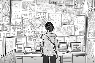 A designer standing in front of a wall covered in sketches and drawings.
