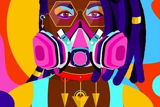 Vector graphic of a black female wearing a red and gold necklace, pink and teal face mask, gold geometric glasses, and gold, teal, and red top and backdrop.