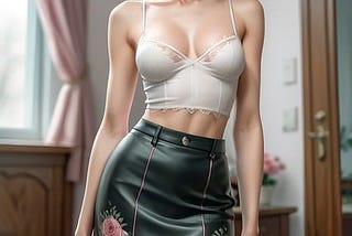 A female in a white bra and black leather skirt.