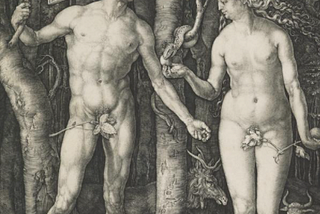 A naked man and woman with leaves over their genitals stand in front of trees. “Dürer was fascinated by the idea of the perfectly proportioned human form… Adam and Eve represent ideal specimens of their sex; Dürer has arranged them in nearly symmetrical poses, based on classical representations of Apollo and Venus. The animals refer symbolically to the Four Temperaments or Humours and their moral connotations: the melancholic elk, the optimistic rabbit, the irritable cat, and the calm ox.”
