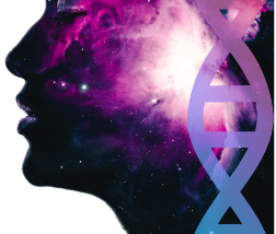 The profile of a person of color, framed on one side by a DNA helix