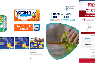 A selection of product images showing examples of digital asset files at Haleon with product packshots of Polident, Voltaren, Sensodyne and Theraful.