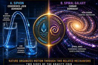 A cinematic astrophysics infographic titled “Two Sides of the Gravity Coin.” The image is split into two scientific panels. On the left, a glowing blue siphon system demonstrates “Coherence-Join Dominant” transport, showing water flowing between reservoirs with arrows and pressure labels. On the right, a vibrant spiral galaxy illustrates “Isobar Dominant” transport with highlighted spiral arms, central pressure regions, and directional flow pathways. In the center, a large metallic coin graphic