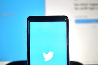Half of a phone screen showing the Twitter logo that appears as the Twitter app is being opened