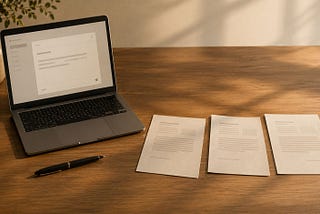 Warmly lit workspace with a laptop showing an email draft interface, a pen resting nearby, and three printed pages arranged on a wooden desk, with one page subtly shifted into alignment to suggest a decision has been made.