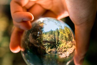 Reflection of trees and water in a glass globe