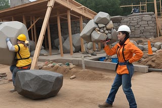 Two women building a house.