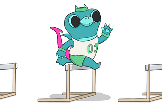 A drawing of Sparky the boldstart mascot dressed in athletics gear, jumping over the second of three hurdles.