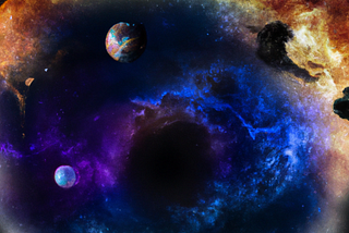 Digital art of worlds swirling in space.