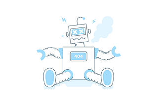 Illustration of a broken robot sitting down with crossed out eyes, 404 error on body and steam coming out the side