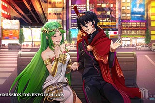 Palutena and Sol sitting on a bench in Akihabara, holding hands.
