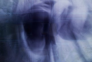 Abstract composite image of a figure wrapped in gauze, head bowed, with textural overlays in a periwinkle hue.