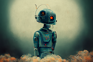 Robot with a space background near clouds, thinking. Generated by an AI