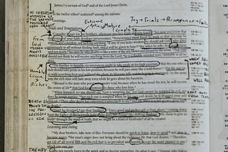 Page of a Bible covered with handwritten notes.