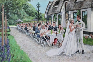 Realistic live wedding painting of outdoor garden dinner setting. Wedding couple and their guests raising drinks.