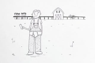 Drawing of a person standing in field with a barn, a cow, and crops in the background. They’re holding a phone and chewing on a sprig. They are wearing overall with underwear being worn outside of the overalls.