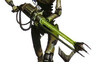 A necron warrior with a windows logo