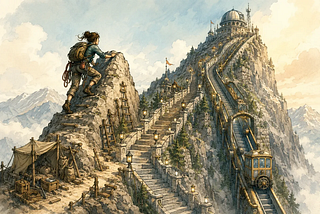 A mountain climber ascends toward a summit observatory while the rough path below evolves into permanent stone stairs and an elegant mechanical lift, symbolizing custom work becoming shared infrastructure.